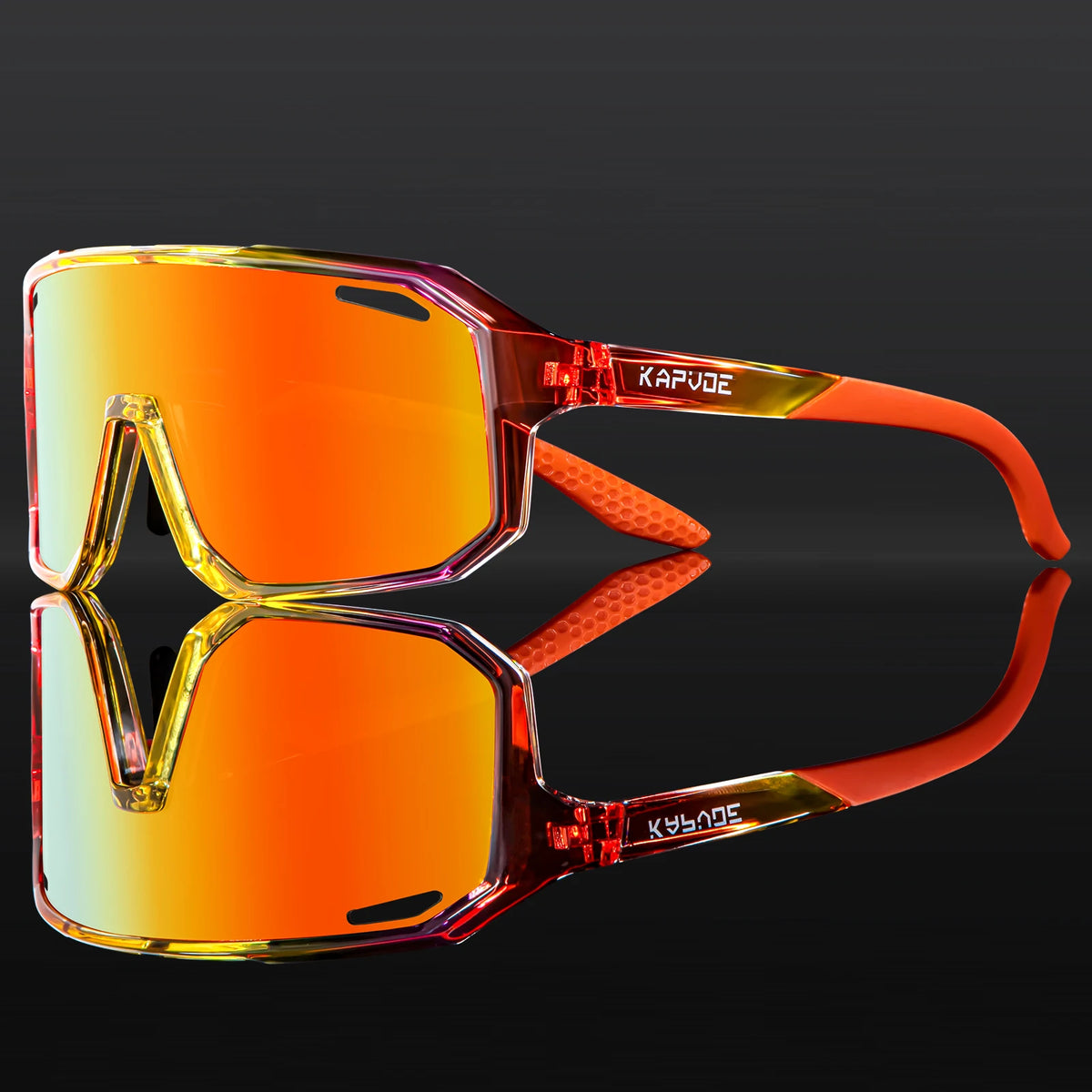 Sport sunglasses for kids with orange mirrored lenses and red frame, side shield design