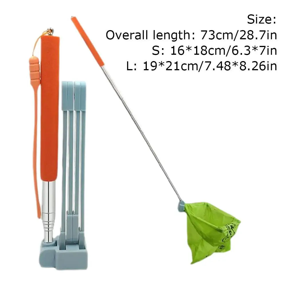 28.7-inch steel long-handle pet poop scooper for easy, hygienic dog and cat waste pickup with bag attachment.