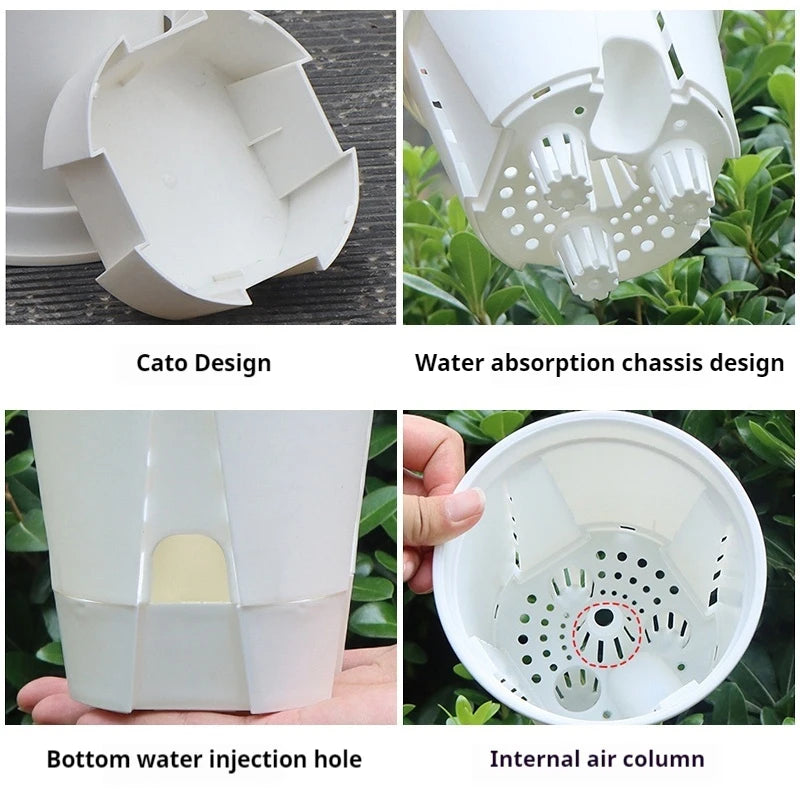 White double-layer self-watering orchid pot with bottom water holes and inner air column