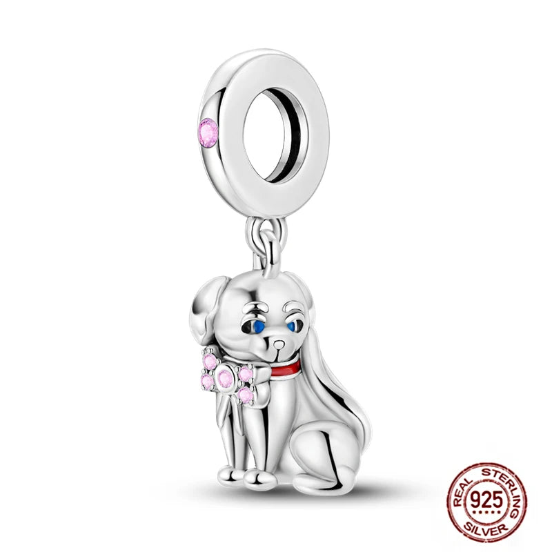 925 Sterling Silver puppy dog charm pendant for DIY bracelets, featuring pink crystal accents and a cute pet paw design.