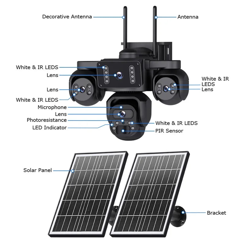 OKAM PRO AOV 24/7 Online Four Lens  AI Solar Camera Security Outdoor 360° Panoramic View CCTV  20100mAh Batterys Night Vision