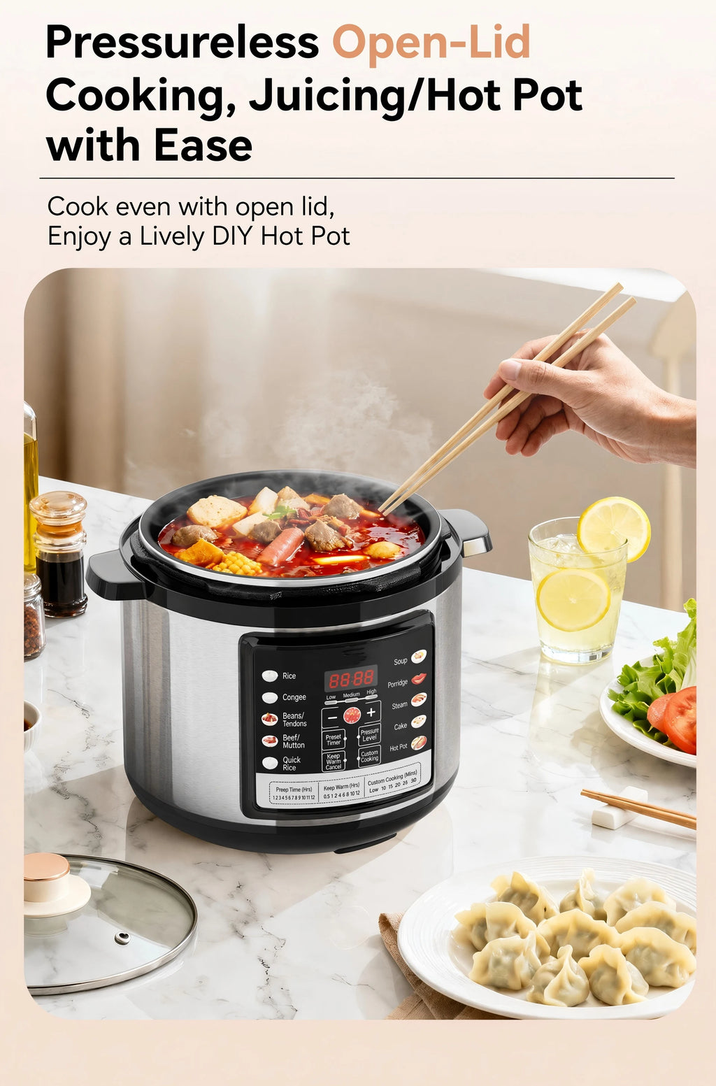 Black electric open-lid pressure cooker on kitchen counter with control panel