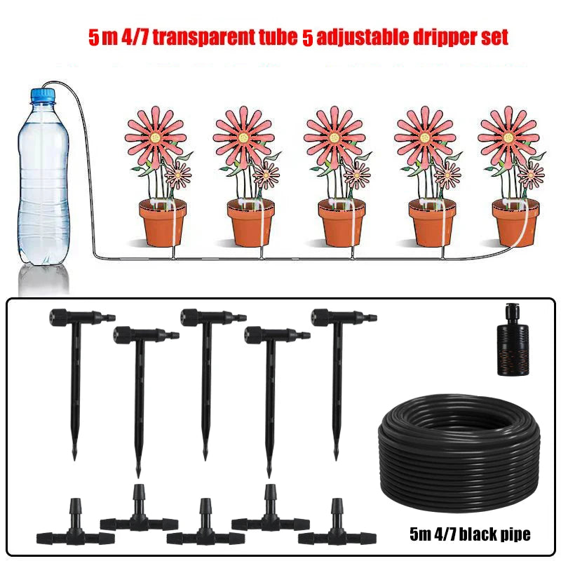 Garden drip irrigation kit set: 5m/4.7mm black pipe with adjustable drippers and stakes