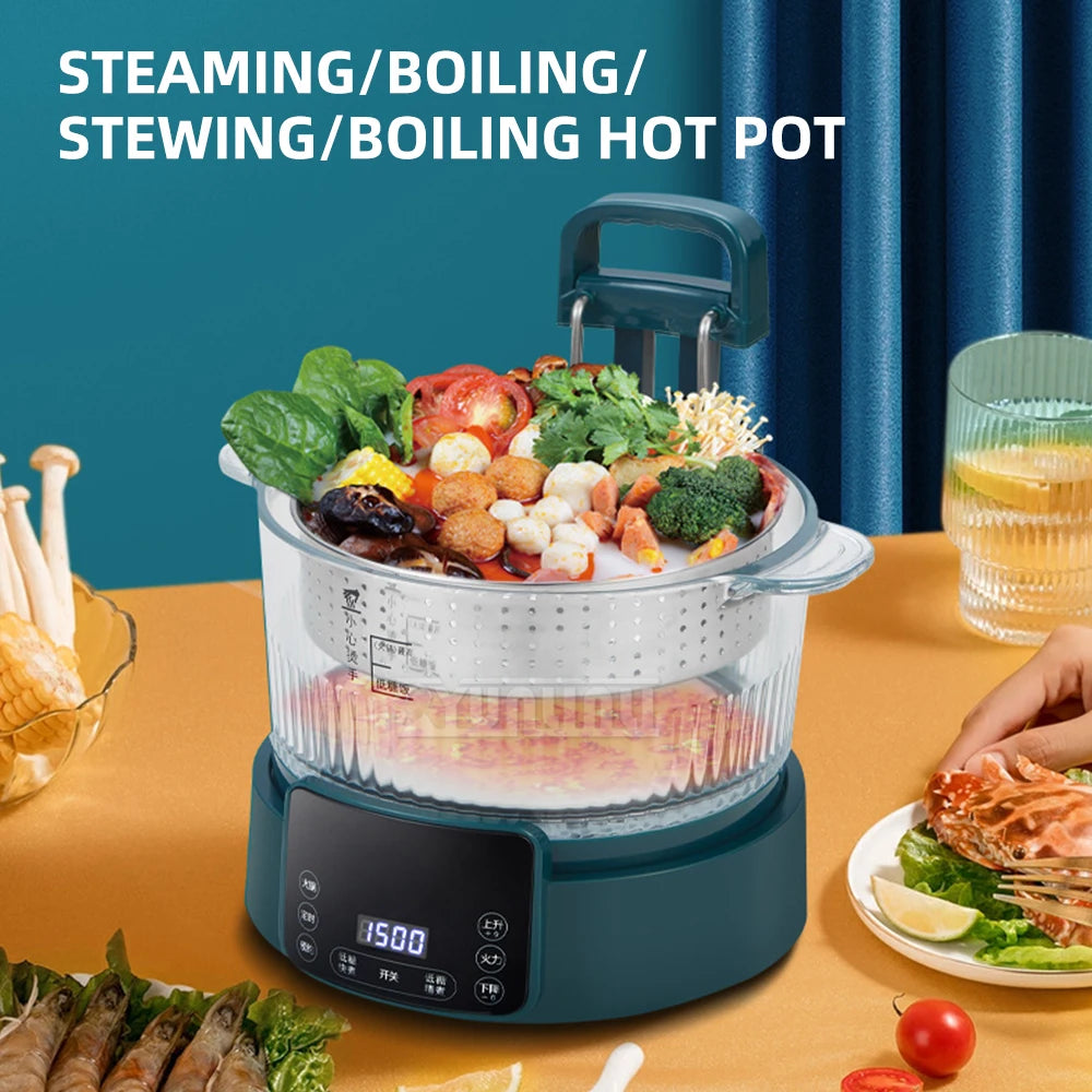 Blue electric rice cooker steaming basket holding vegetables and meat