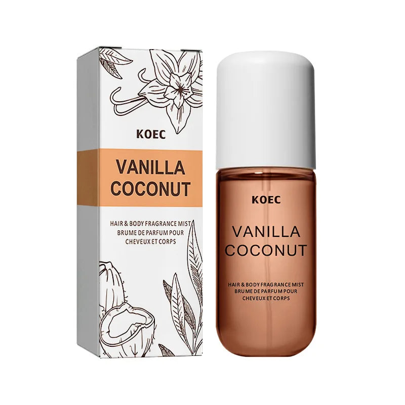 KOEC Vanilla & Coconut Hair and Body Fragrance Mist in a sleek cylindrical bottle with white cap. Refreshing scent.