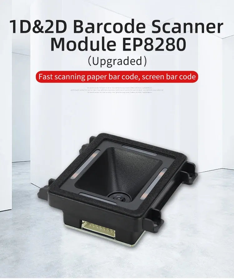 Barcode scanner module with front scan window and exposed connector edge on black housing