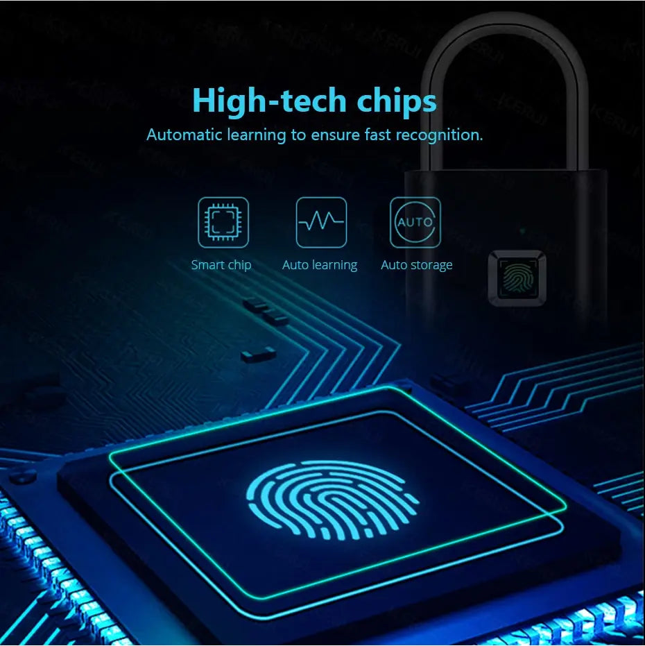 KERUI Keyless USB Charging Fingerprint Lock Smart Padlock Waterproof Door Lock 0.2sec Unlock Portable Anti-theft Padlock Zinc