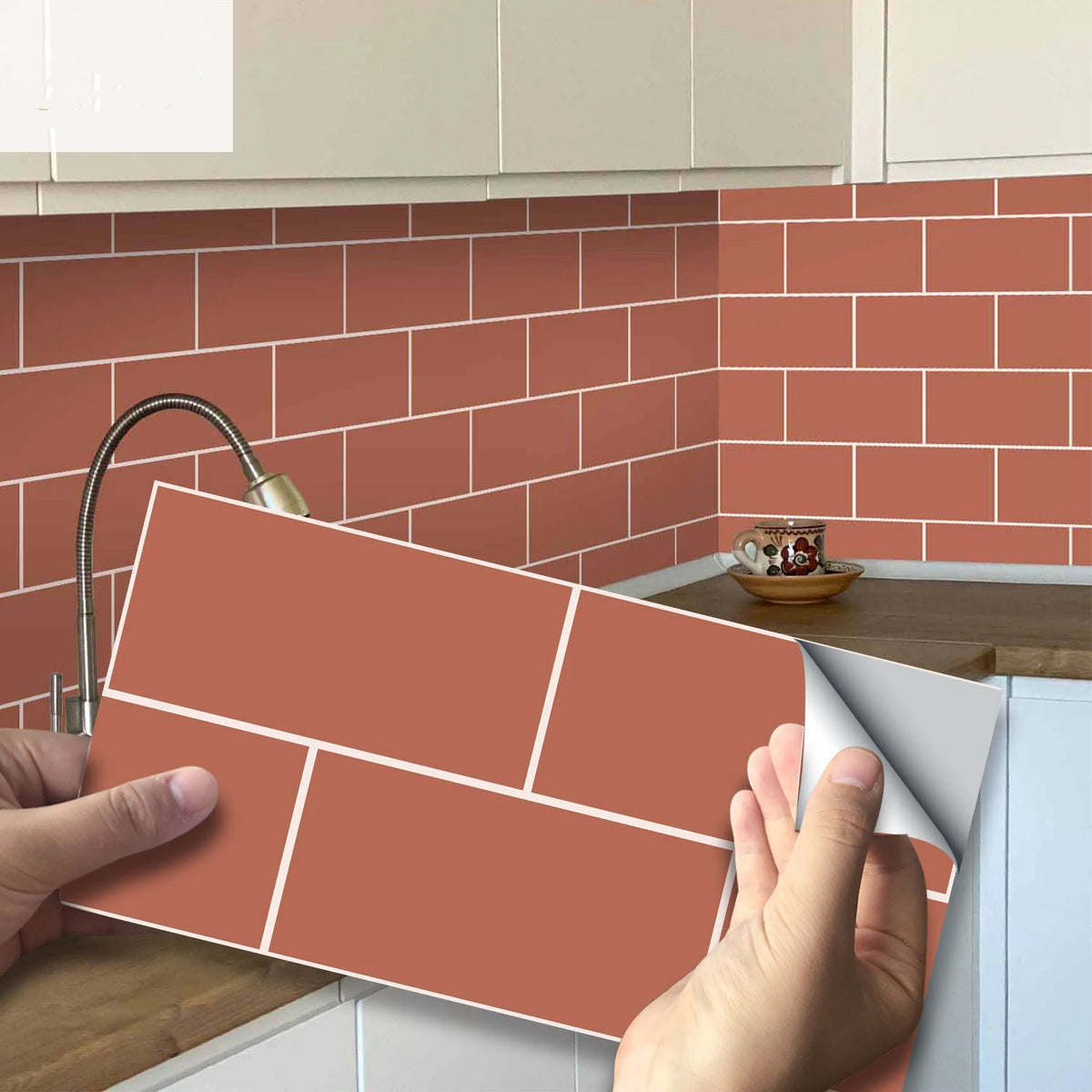 Peel-and-stick brick tile decal sheet in terracotta orange with white grout lines