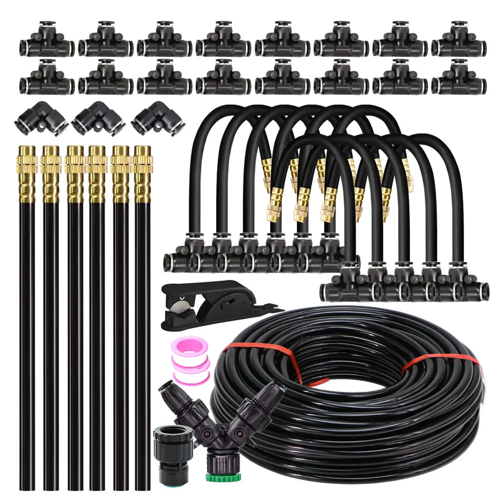 Black PE hose irrigation spray kit with brass nozzles, connectors, and flexible tubing set
