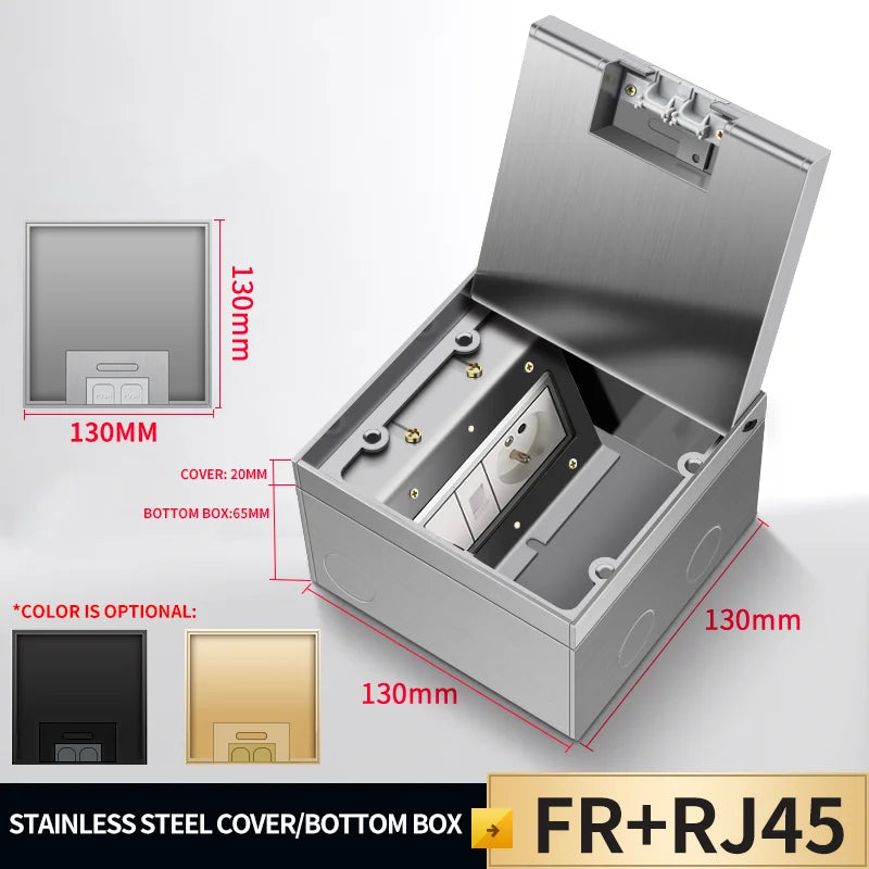 Recessed stainless steel floor socket box with open cover, showing RJ45 network port
