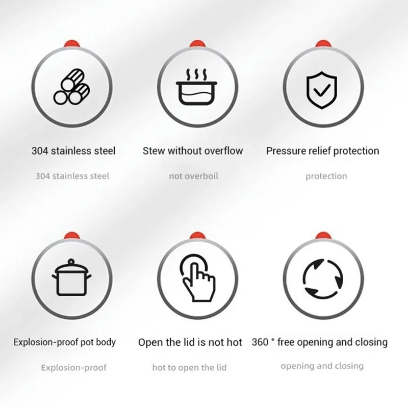 Pressure cooker safety icons: stew without overflow and pressure relief protection