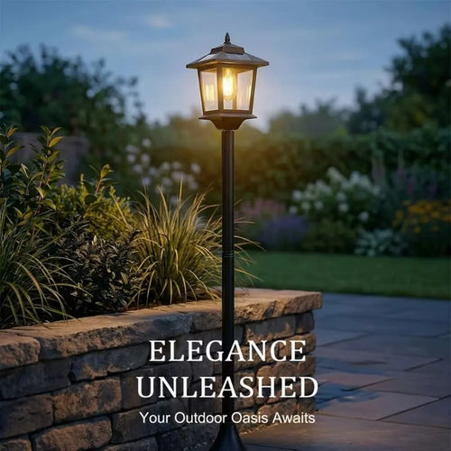 Black solar lamp post light with warm lantern glow for garden pathway