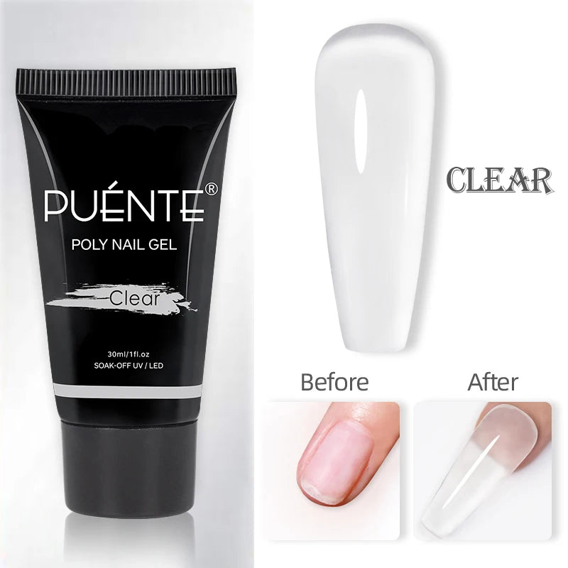 30ml clear poly nail gel in a black squeeze tube for nail extensions and overlays, shown with before and after results.
