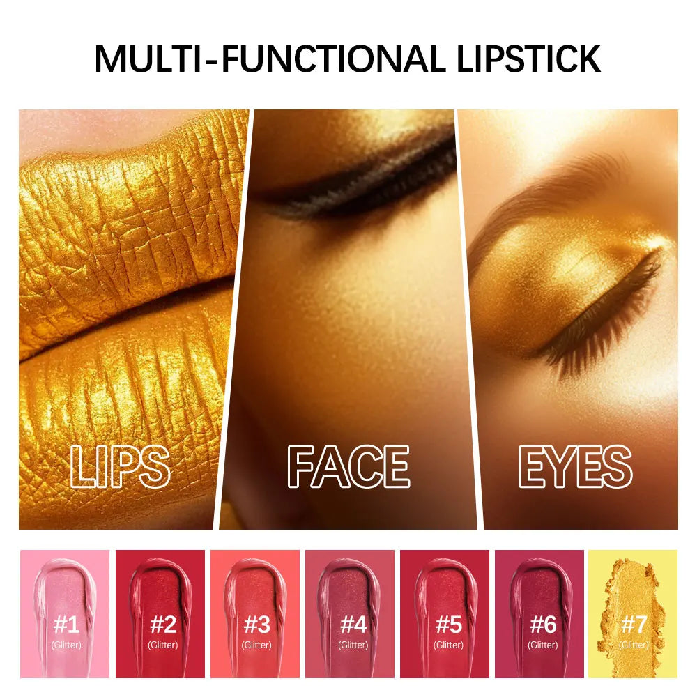 Multi-functional glitter lipstick shades for lips, face, and eyes, featuring long-lasting shimmering gold cosmetic hues.