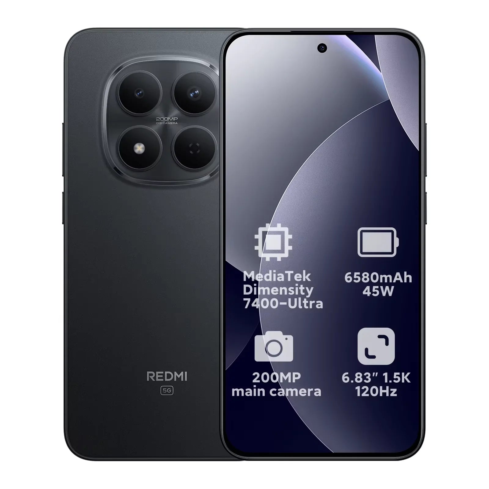 Black Redmi Note 15 Pro 5G smartphone showing 200MP camera, 6580mAh battery, and Dimensity 7400-Ultra chip specs.