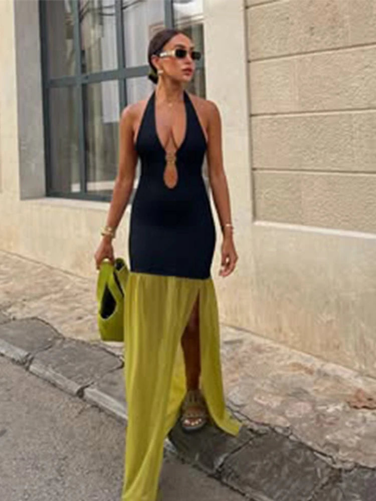 Kliou Halter Patchwork Maxi Dress Women Elegant Contrast Colors Draped Backless Low Neck Sheath Robe Mujer High Street Vestidos