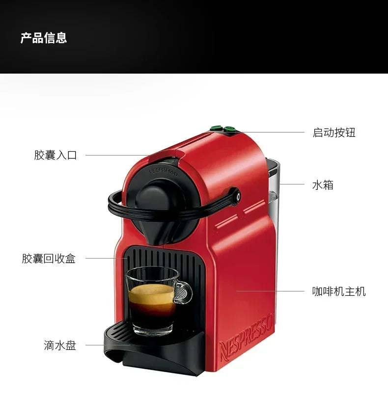 Red Nespresso capsule coffee machine with transparent water tank, cup, and labeled technical features.