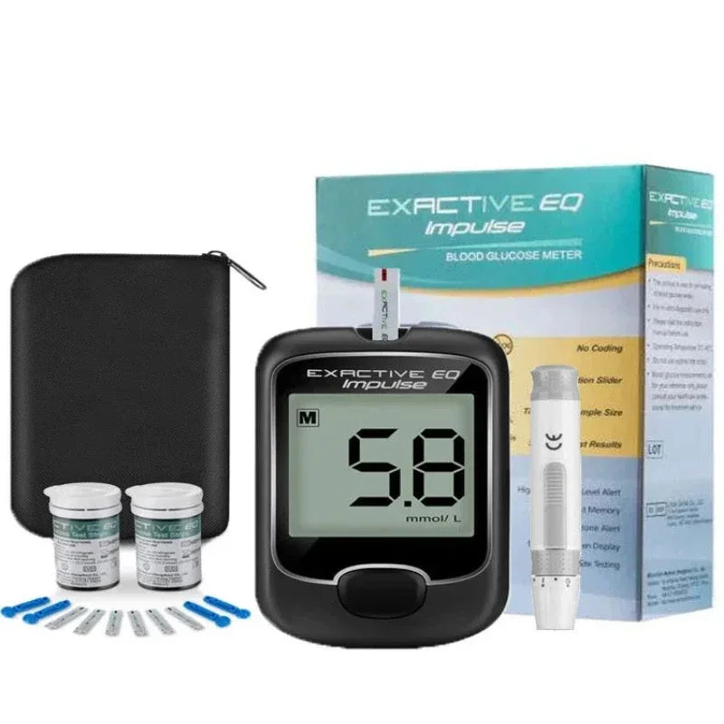 EXACTIVE EQ Impulse blood glucose meter kit with lancing device, test strips, carrying case, and display monitor.