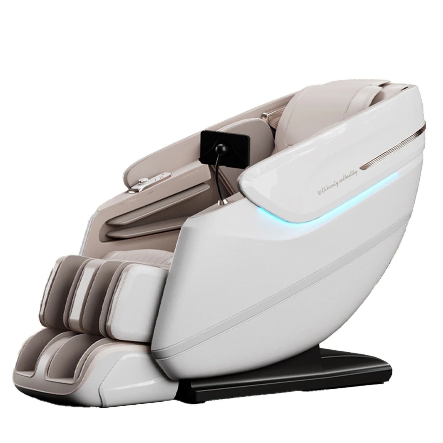 White and beige reclining massage chair with a sleek exterior, side blue accent light, and integrated control screen.