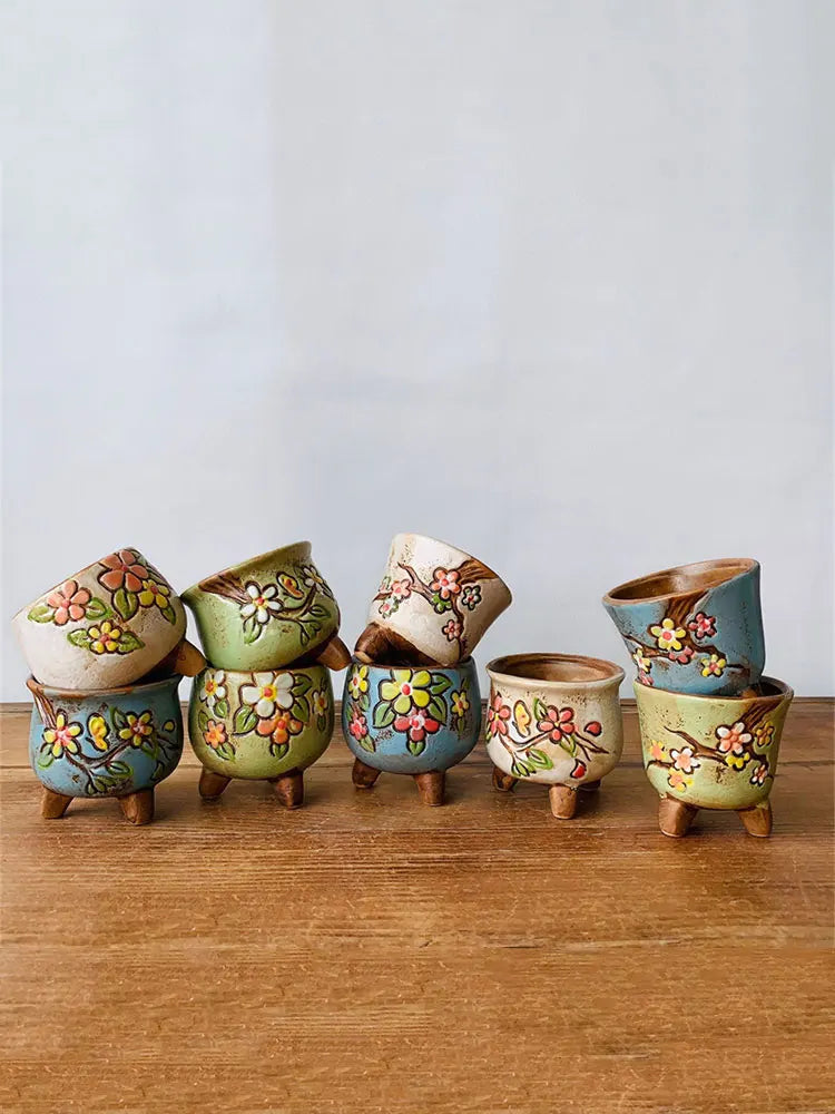 1pcs Simple Fleshy Ceramic Hand-painted Fresh Thumb Pot Coarse Pottery Permeable Pot Peach Egg Flesh Flower Pot Garden Supplies