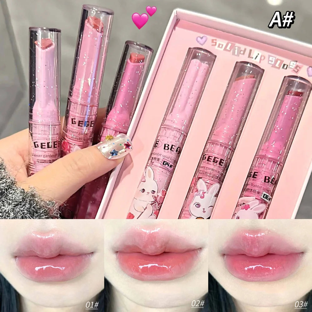 Gege Bear Garden Rabbit solid lip gloss set featuring moisturizing, watery colored lip balm in pink packaging.