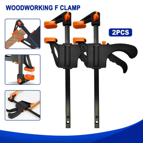 4-inch F-clip woodworking clamp set, 2-pack, black body with orange quick handles