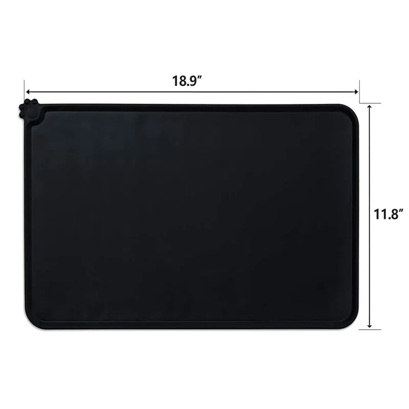 Black waterproof silicone pet feeding mat, 18.9x11.8", with raised edges to prevent spills for cats and dogs.