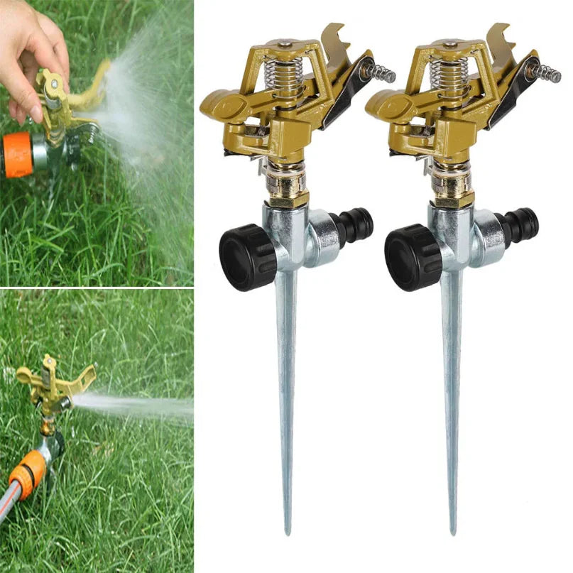 2-pack garden sprinklers with gold heads, silver stakes, and black outlet caps