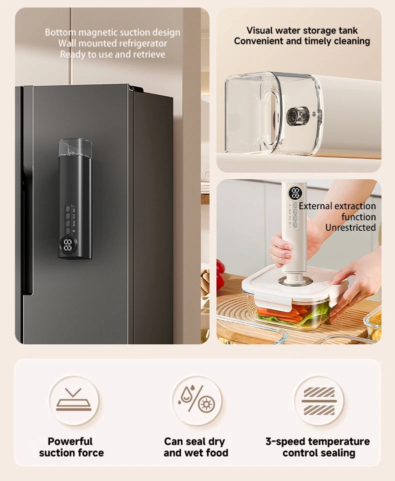 Portable Vacuum Sealer Machine 62kPa Rechargeable Food Vacuum Sealing Machine 150mm Heat Sealer with 3 Temperature Levels