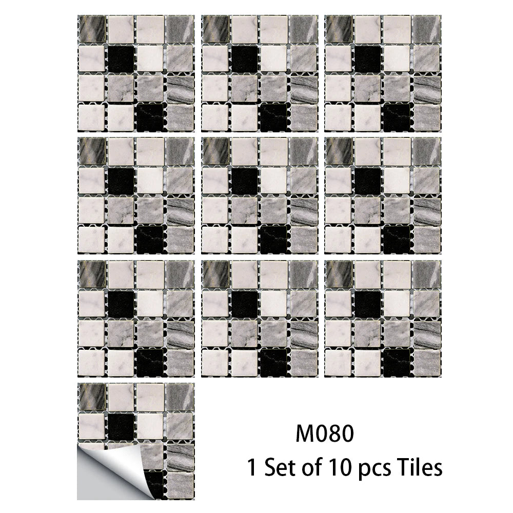10pcs Flat Mosaic Style Tiles Sticker Kitchen Bathroom Waterproof & Oilproof Art Wall Sticker Peel & Stick Surface Glossy Film