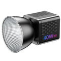 Black 40W RGB LED video light with a silver textured reflector bowl for professional studio photography lighting.