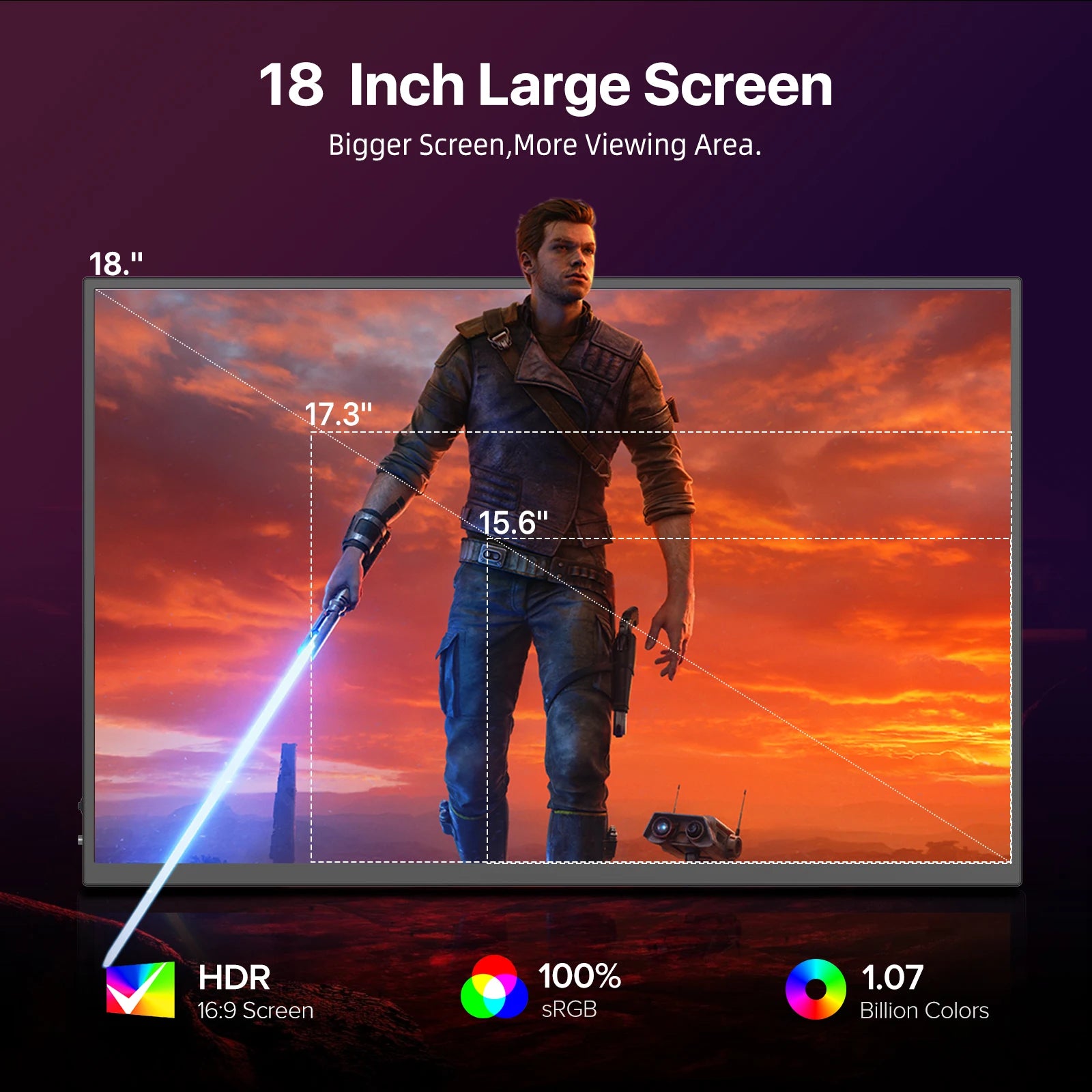 UPERFECT Portable Monitor 18 Inch 2.5K 100% DCI-P3 144Hz Gaming Display IPS LCD Panel Matte Mobile Screen FreeSync HDR With VESA