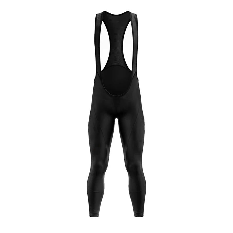 Tidesmit men's black thermal fleece cycling bib tights with mesh shoulder straps for road and mountain bike riding.