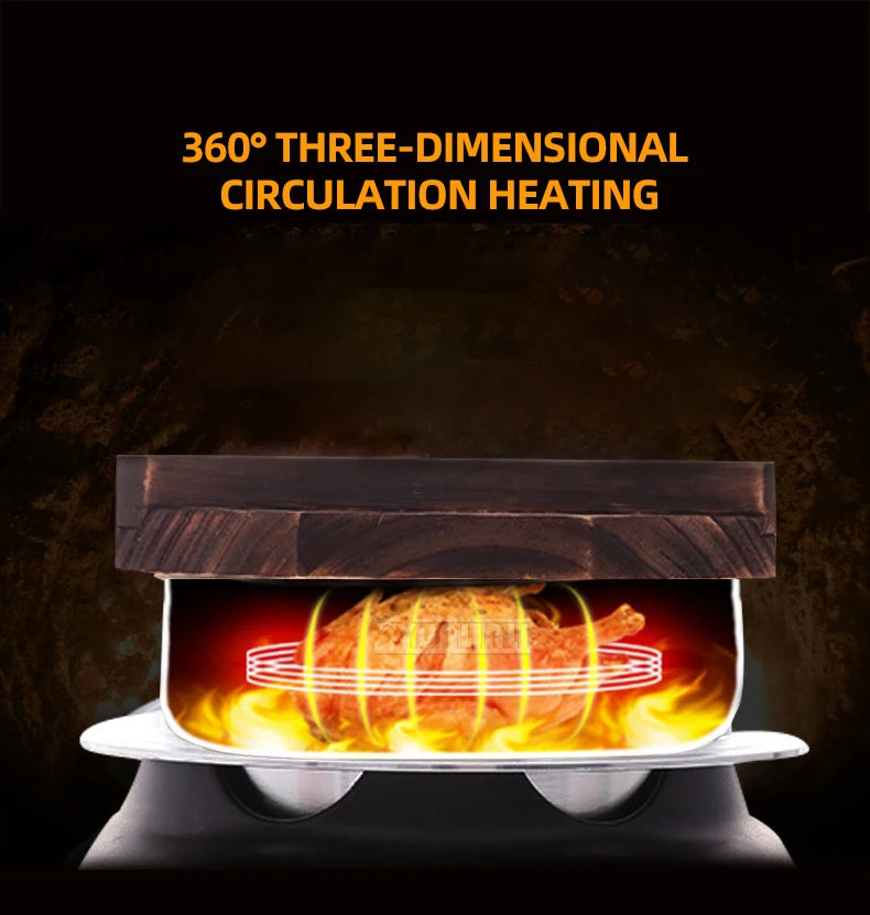 Portable smart multi-cooker with black base and wood lid over visible heating flame