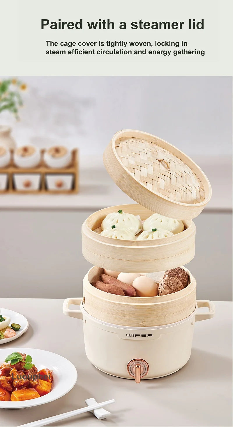 2.2L double-layer bamboo steamer electric cooking pot with lid open and food-ready baskets