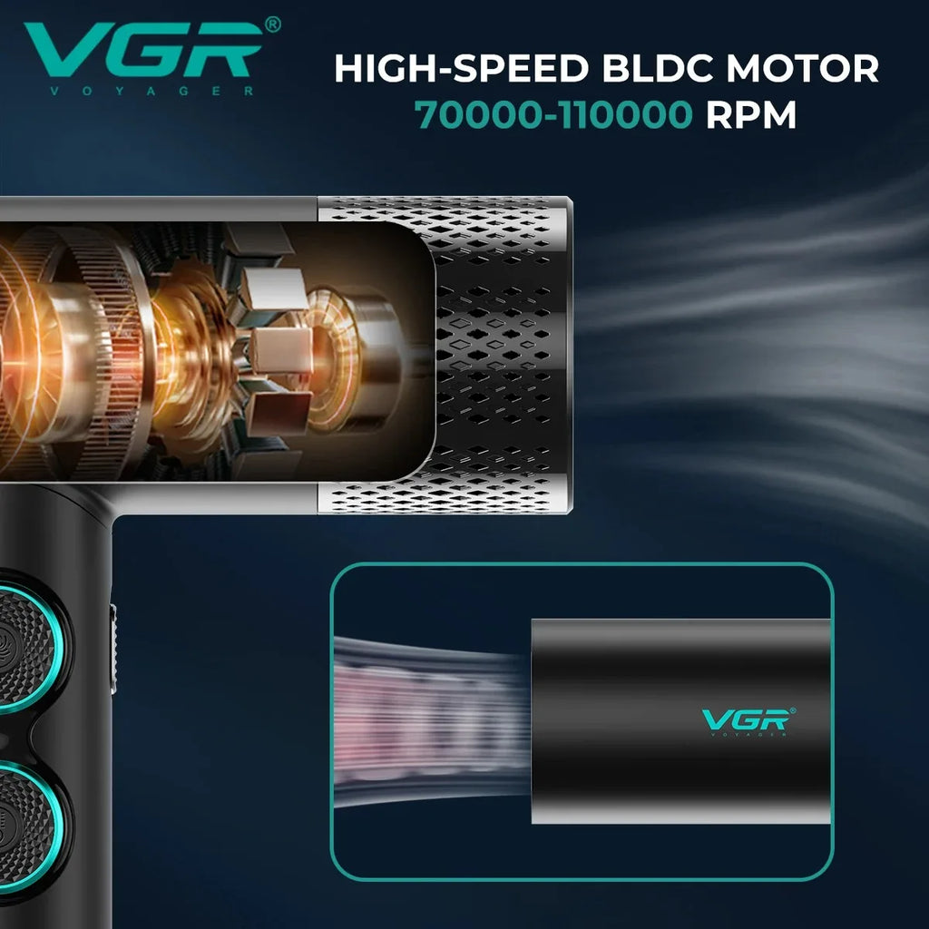 VGR V-401 professional leafless hair dryer in black, featuring a powerful 110,000 RPM high-speed BLDC motor.