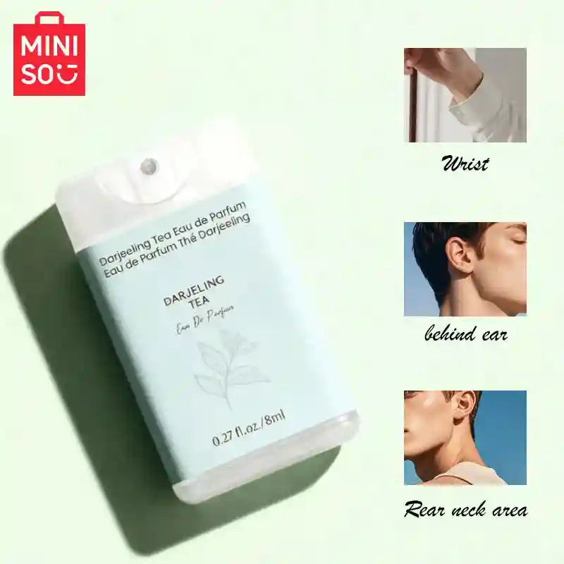 MINISO Darjeeling Tea woody EDP for men. Portable 8ml rectangular pocket spray bottle, luxury designer fragrance.