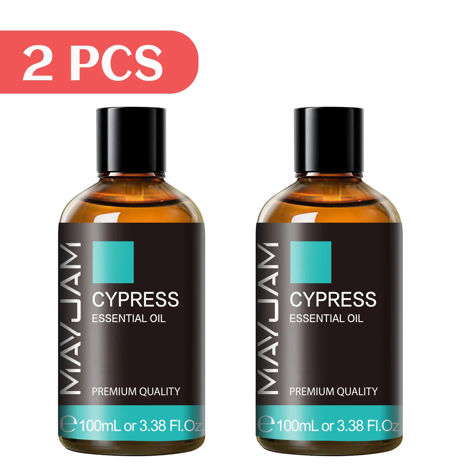 Cypress essential oil, 2-pack amber bottles with black caps, 100ml.