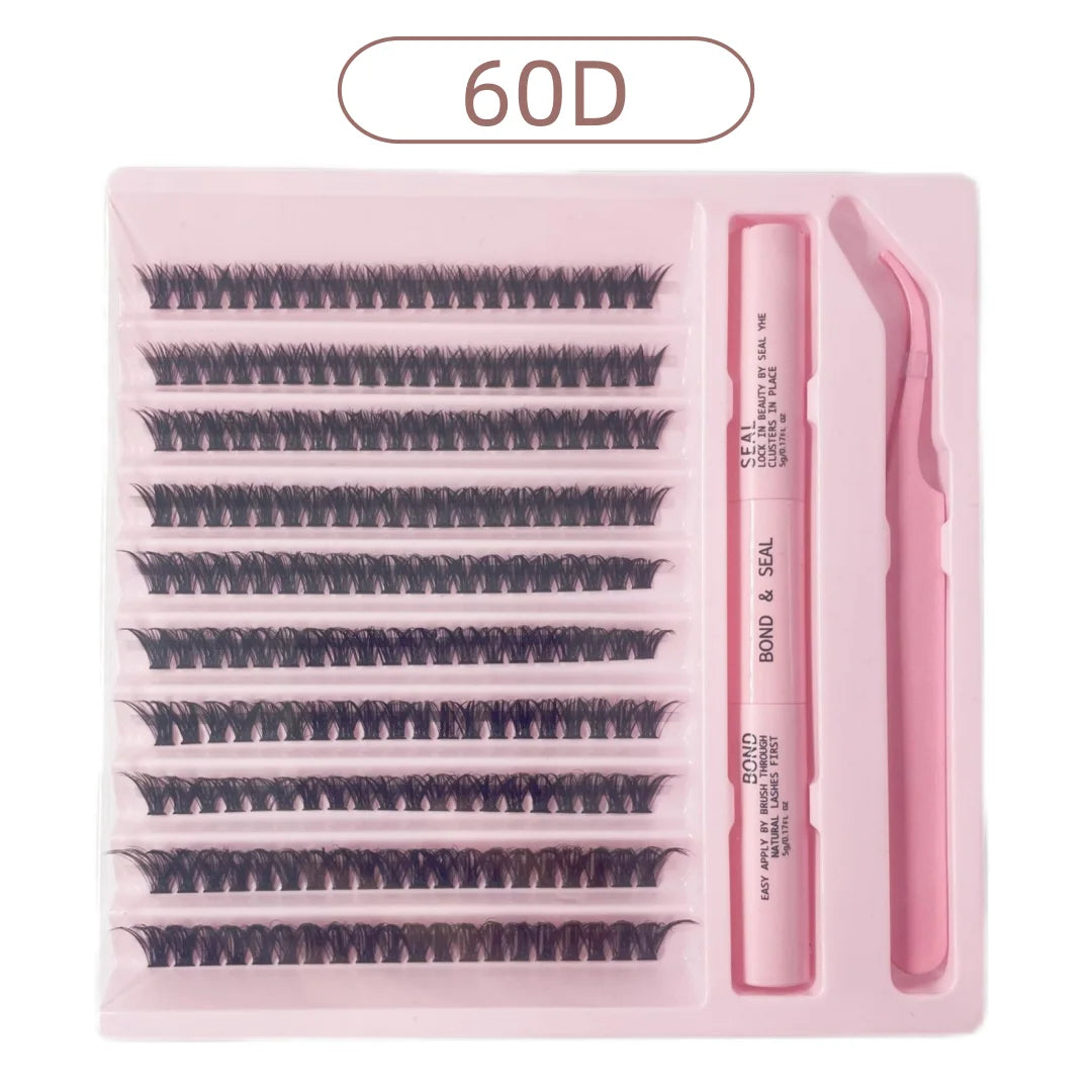DIY lash kit with 200 black cluster lashes, double-ended bond and seal glue, and pink tweezers in a pink tray.