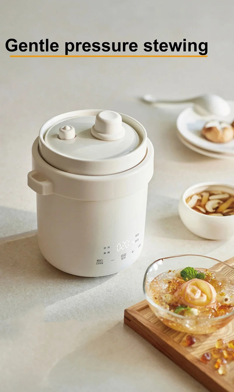 Smart white 600ml electric rice cooker pot with lid, ready for gentle pressure cooking.