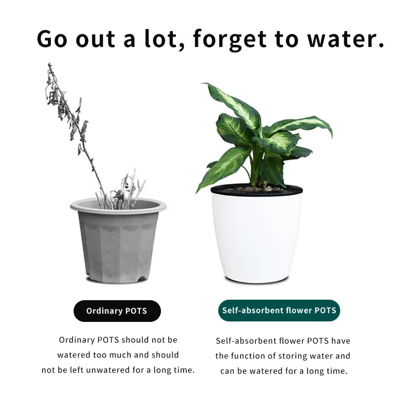 Two self-watering flower pots comparison: white pot with plant and gray pot.