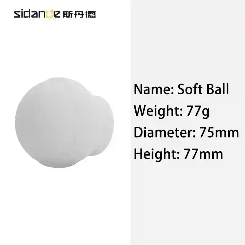 White, soft, spherical ball for massage or exercise, 75mm diameter, 77mm height, weighing 77g.