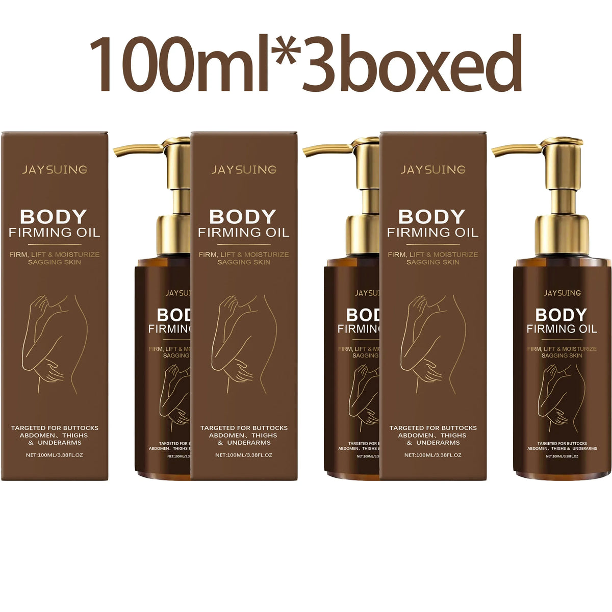 Body firming oil set with three boxes and three bottles with gold pumps