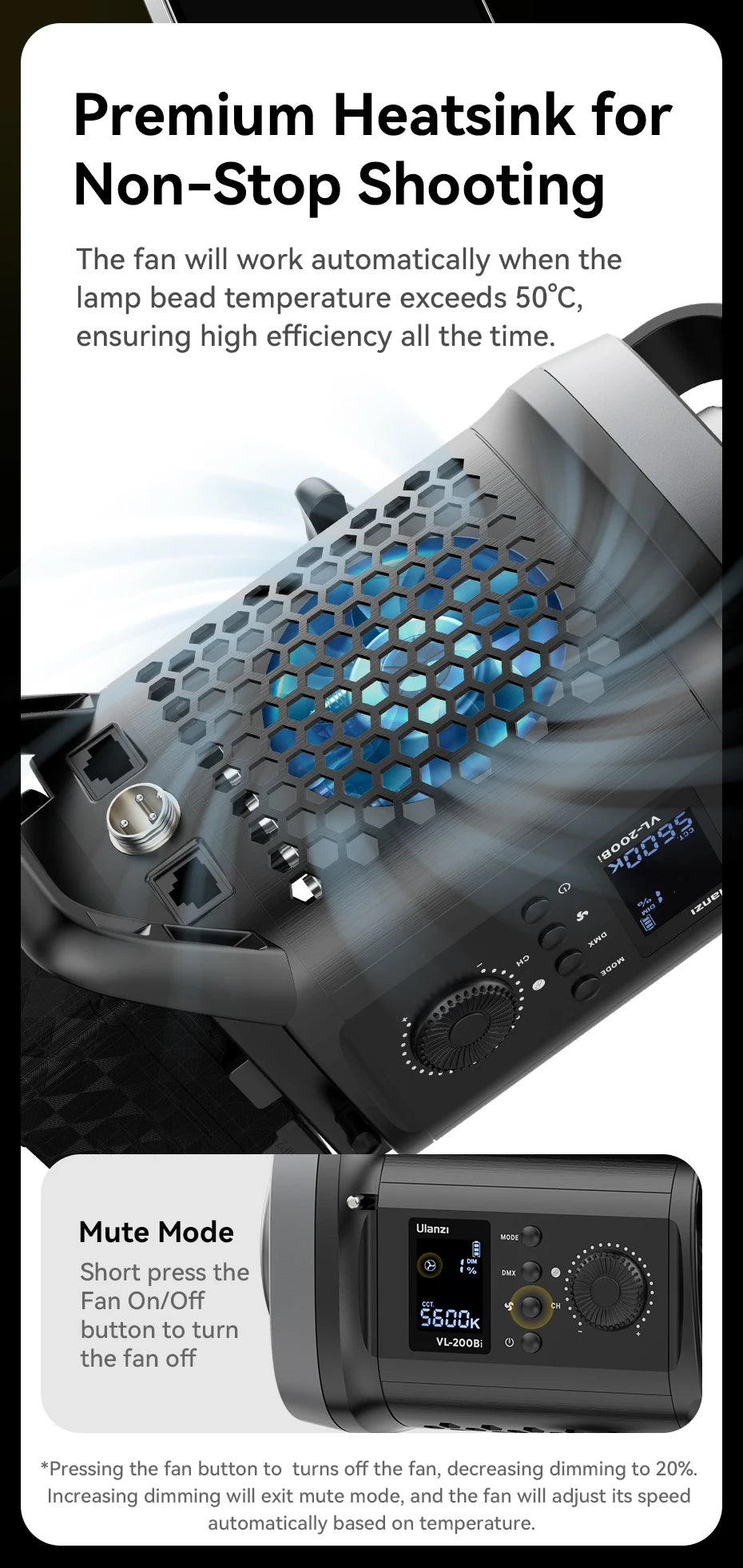 Black LED video light featuring a cylindrical housing, rear digital display, control dial, and honeycomb cooling fan.