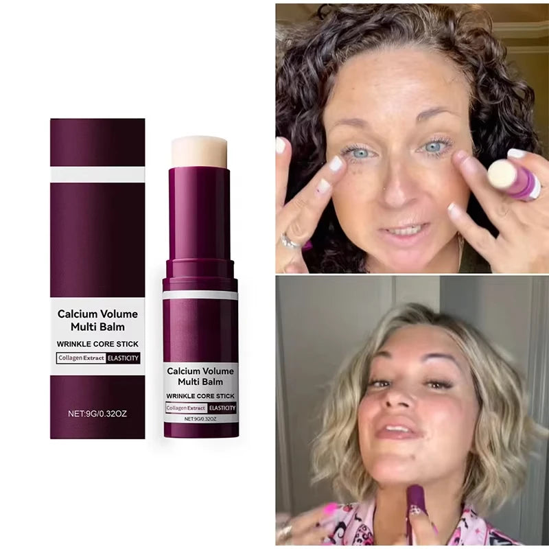 Calcium Volume Multi Balm stick with its dark purple packaging, shown alongside two women applying it to their faces.