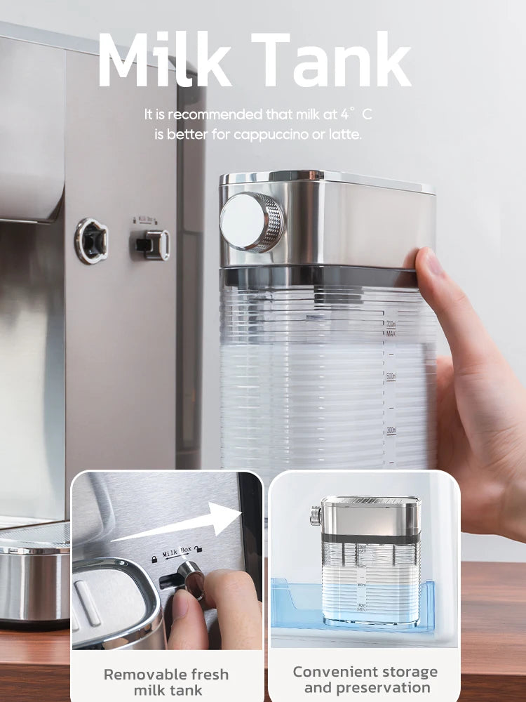 Stainless steel removable milk tank for espresso machine with 700ml capacity and adjustable dial for frothing.