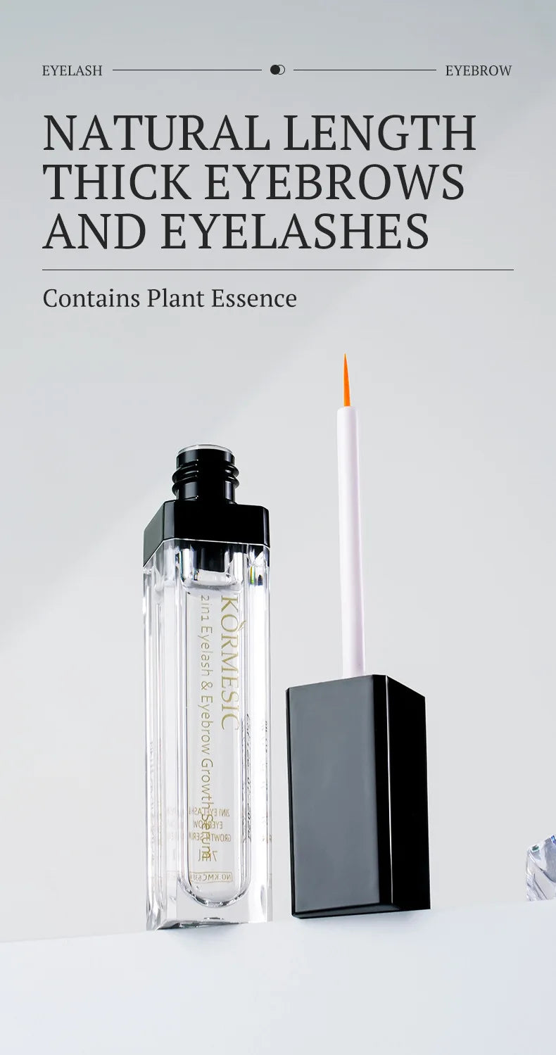 2-in-1 eyebrow and eyelash growth serum bottle with applicator brush for thicker, longer lashes and brows.