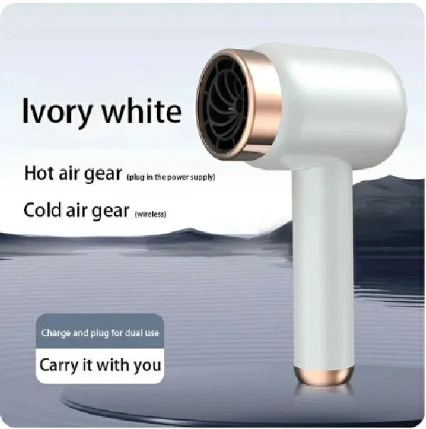 Ivory white portable cordless hair dryer with rose gold accents, featuring hot and cold air modes for travel use.