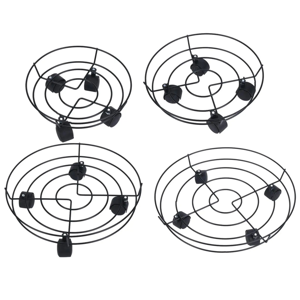 Black spiral wire plant stand with four caster wheels, top view from several angles