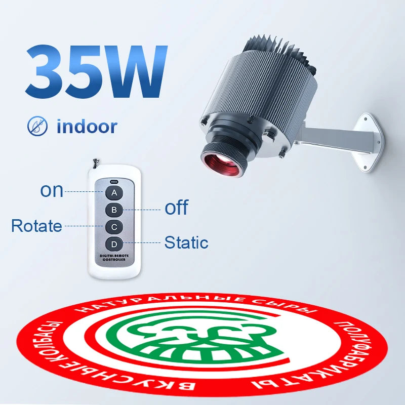 35W indoor rotating LED logo projector with remote and red circular logo lens
